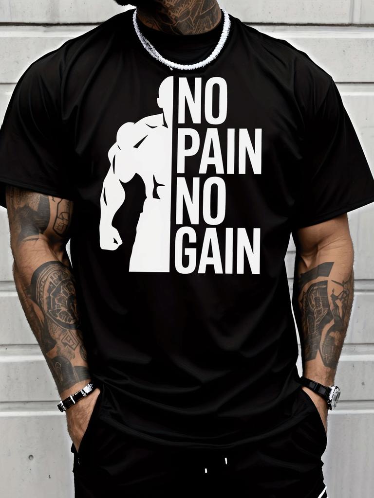 Fitness Muscle Silhouette No Pain No Gain Text Graphic Print Unisexs Crew Neck Short Sleeve Tee Casual Soft Basic Daily Wear Top