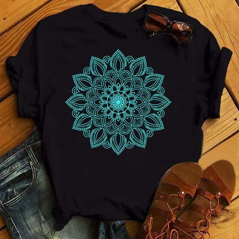 New Mandala Floral Printed T Shirt Women Casual Fashion T-shirt Loose Short Sleeve 90s Girls Aesthetics Black Tshirt Top