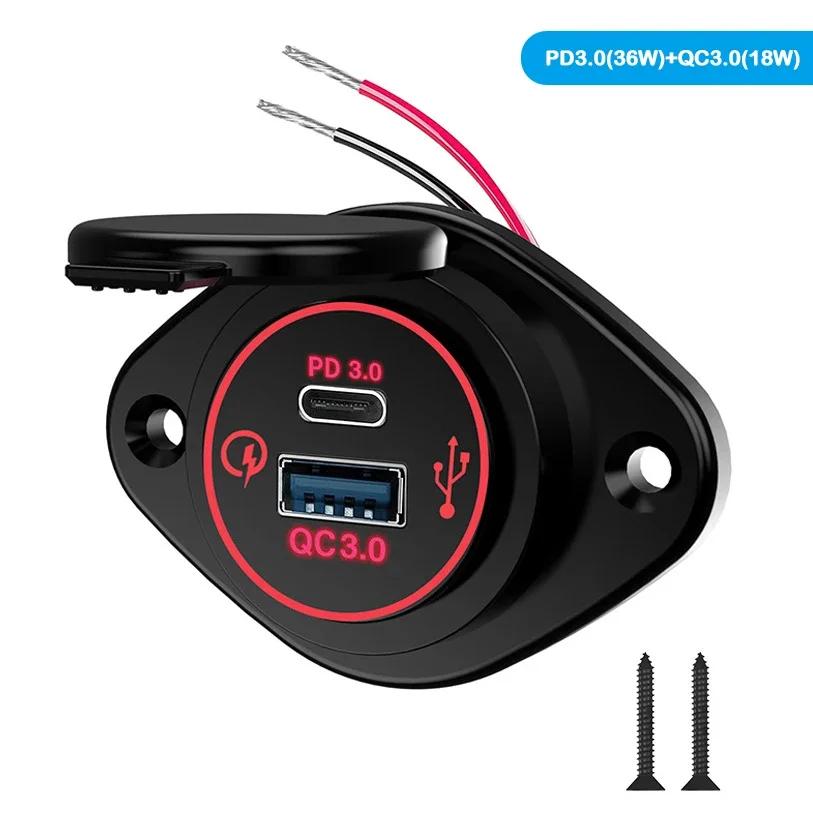 12V Quick Charge 3.0 Dual USB C Charger Power Socket Adapter Fast Charging Panel Wall Mount Outlet for Motorbike Car Boat Camper