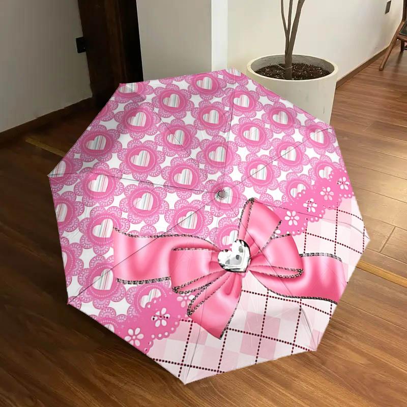 

Pink Heart Lace Patterned Umbrella with Bow - Automatic Opening & Closing, Foldable Design, Outdoor Use, Gift for Fans, Travelers, Everyday