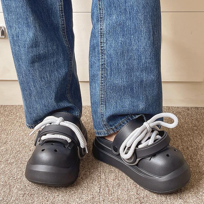 Damen Sommer Sandalen Schnürstil 2 Tragemöglichkeiten Paarmode Plateau Clogs Weiche EVA Dicke Sohle Herren Strand Straßen Hausschuhe 36-37 schwarz