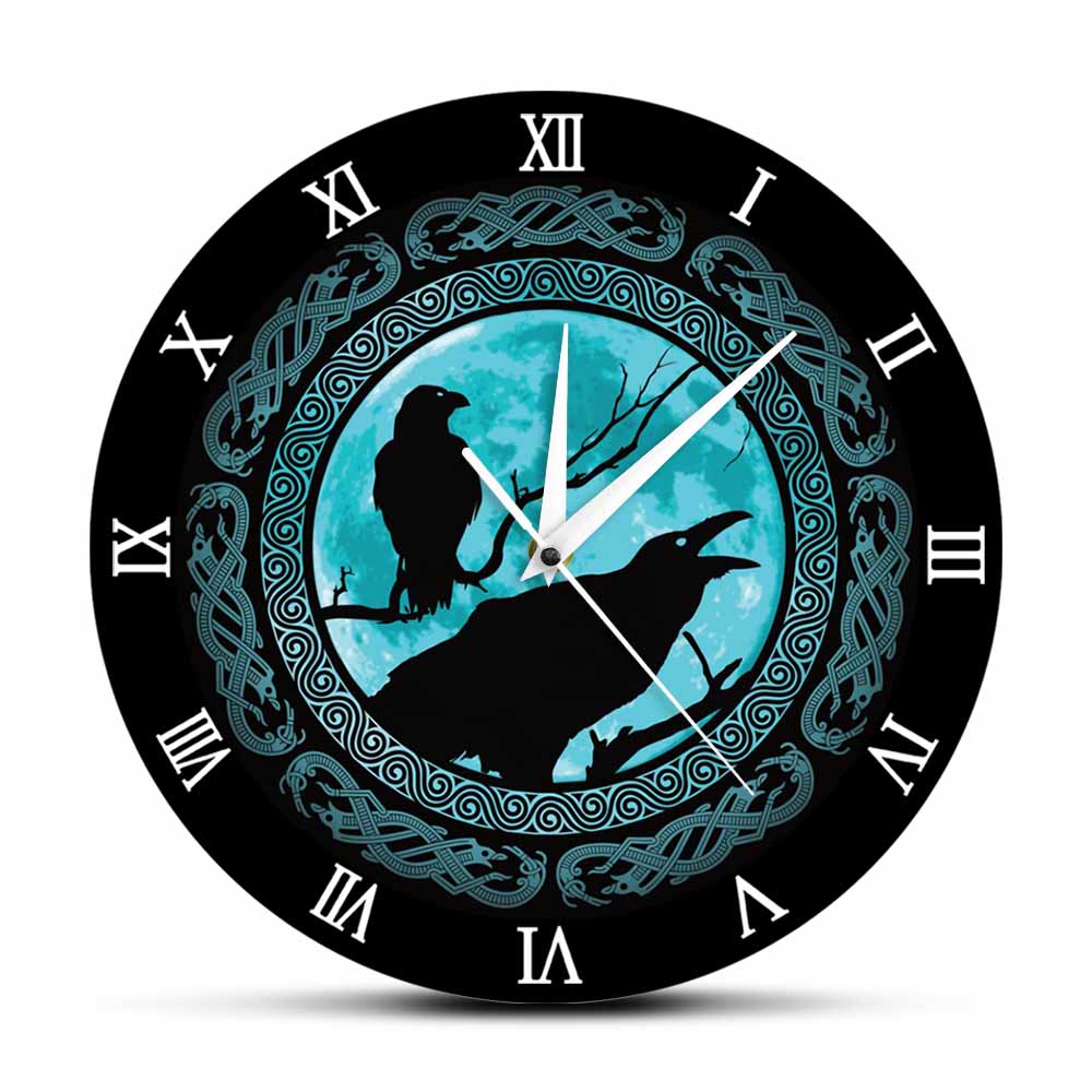 

Hugin Munin Odins Ravens Ретро настенные часы Домашний декор для гостиной Миф о Северной Европе Круглые настенные часы с римскими цифрами