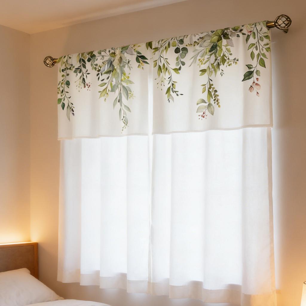 Green  Leavses Valances Kitchen Curtains Watercolor Floral Flower Plants Botanical  For Women Ptetty Bedroom Living Room