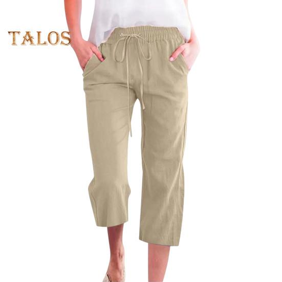 Pantaloni tăiați pentru femei, de culoare uni, pantaloni largi, la jumătatea gambei, cu talie elastică Pantaloni casual în stilul navetei