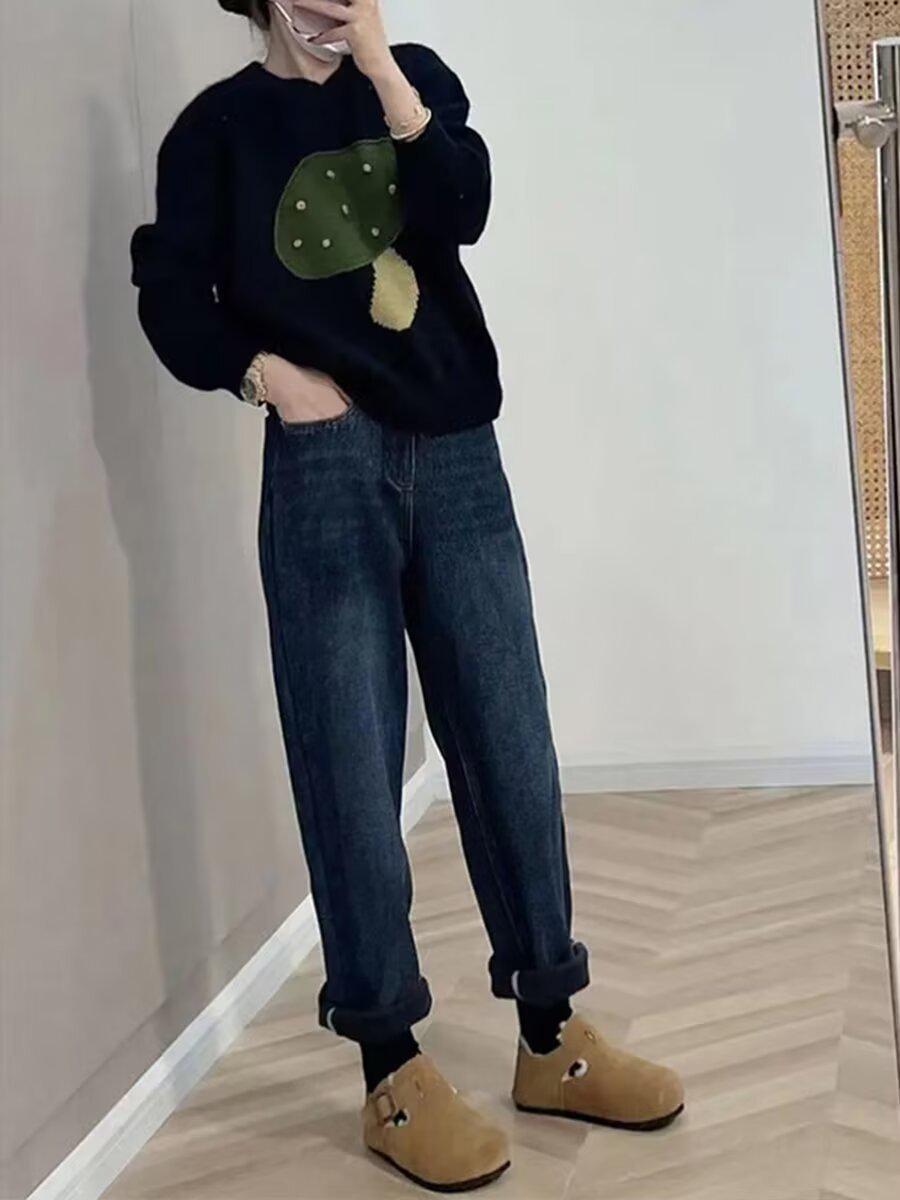 

Женские джинсы прямого кроя на флисовой подкладке больших размеров - Утепленные, Слим-фит, Свободный крой в стиле гарем для зимы 2025 5XL