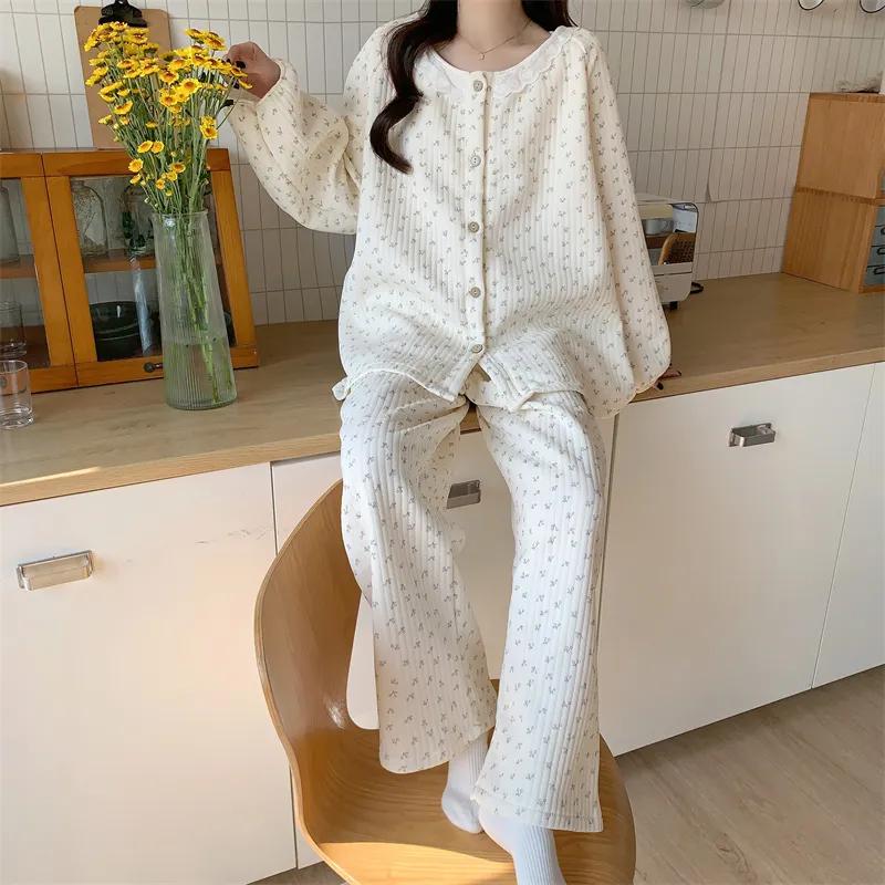Ropa de dormir floral para mujer, conjuntos de pijama, conjunto de pantalones de pijama de invierno, 2 piezas, bonitos trajes de dormir de encaje, cálido traje de casa para dormir