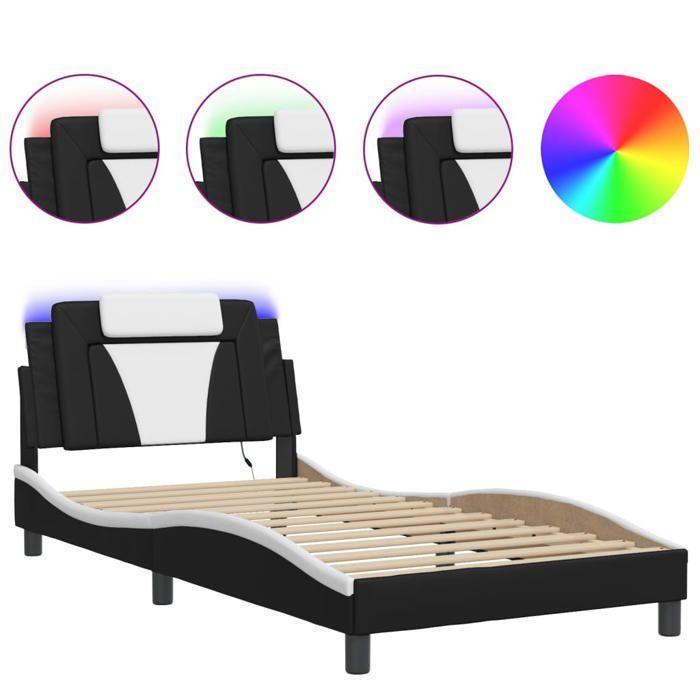 VidaXL Cadre de Lit avec Lumières LED, Lit Rembourré avec Coussin, Lit Simple, Lit Adulte Chambre, Moderne, Noir Blanc 3214006