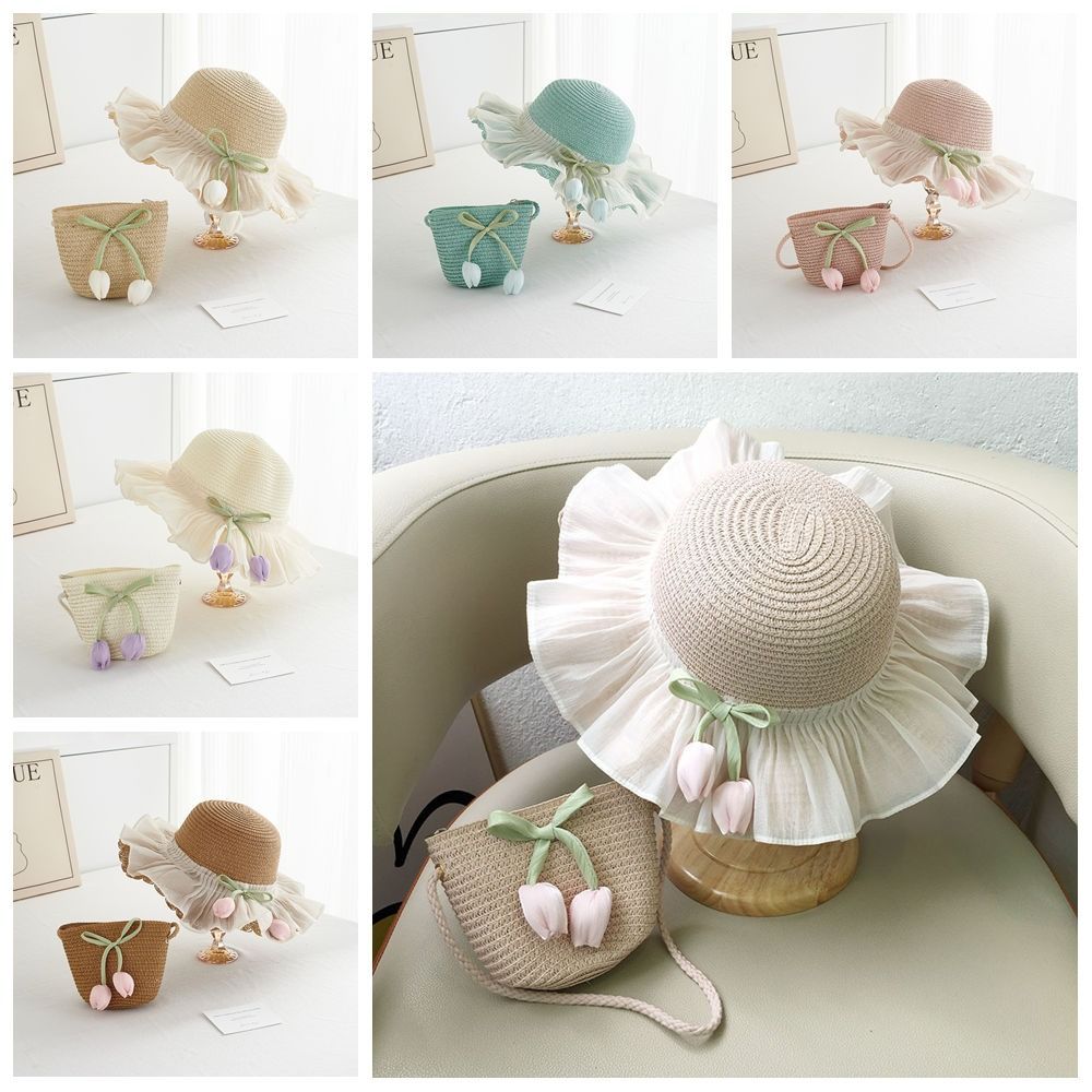 Shading Hat Tulip Straw Sun Hat Korean Style Lace Brim Beach Cap Cute Girls Bucket Hat  Kid
