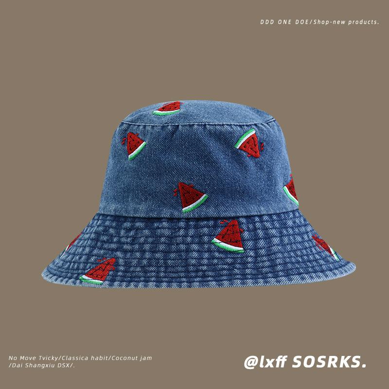 Hat women's new arrivalembroider denim bucket hat wide brim sunshade easiest for match outdoor trendy wind basin hat