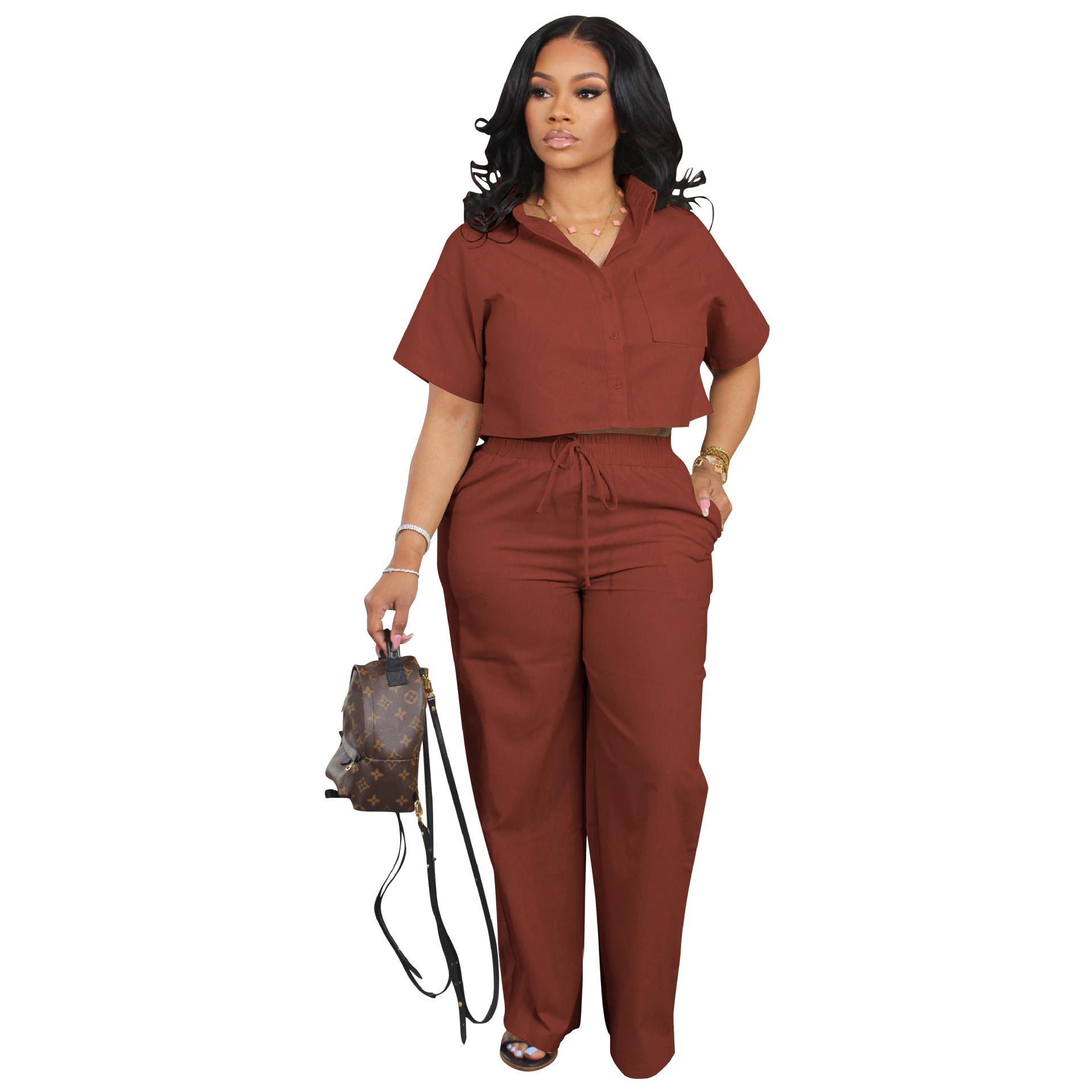 

Европейско-американский женский льняной костюм-двойка: Рубашка с коротким рукавом и летние офисные брюки Medium темно-коричневого