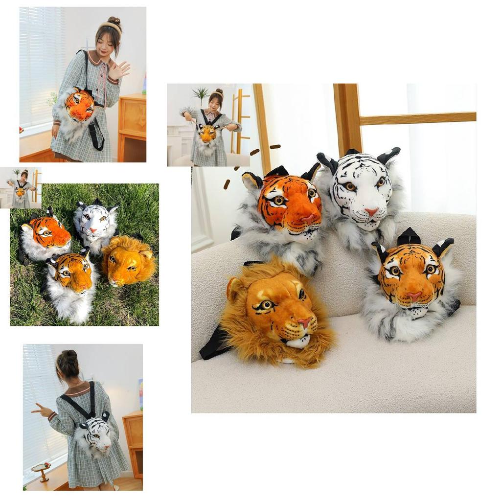 Stylish Plush Animal Backpack Featuring Realistic Tiger Head Design For Kids And Adults