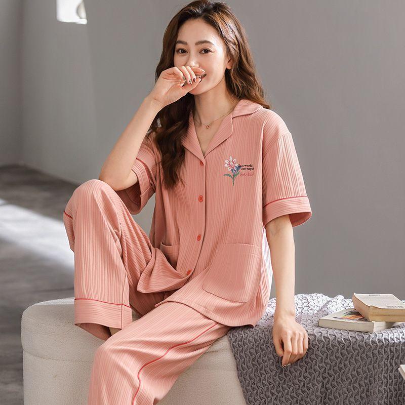 Pajamas Women's Summer Cotton Short Sleeves Trousers Loungewear Thin Middle-aged Mom Loose Plus Size Set