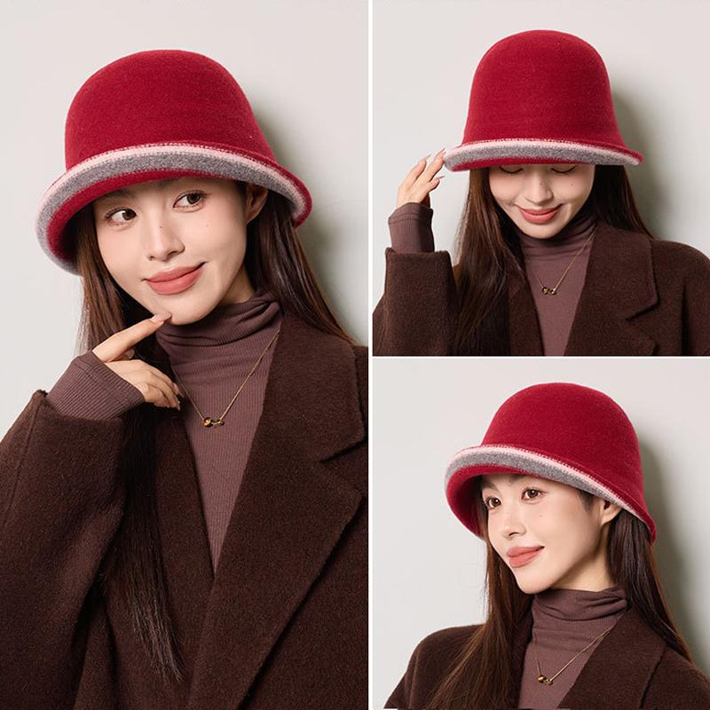 Wool Fisherman Hat Women's Winter Bucket Hat Contrast Color Basin Hat Bucket Hat
