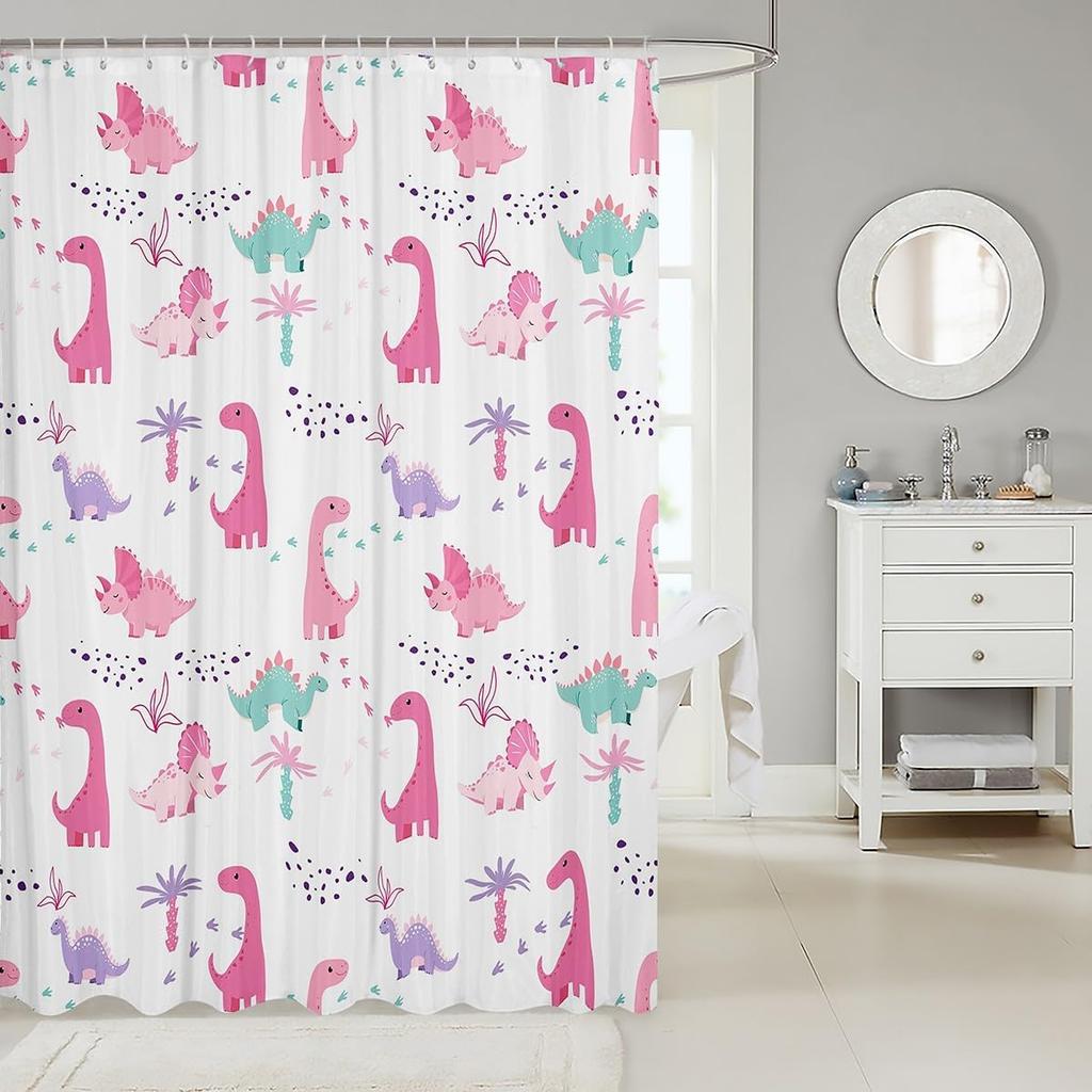 Cartoon Dinosaurs Kids Shower Curtains,Wild Animals Wildlife Coconut Tree Bathroom Curtains for Boys Girls Adults,Cute Hand