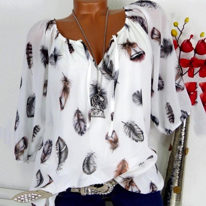 

Женские летние осенние повседневные топы с принтом перьев, рубашки с короткими рукавами, блузки, топ XL