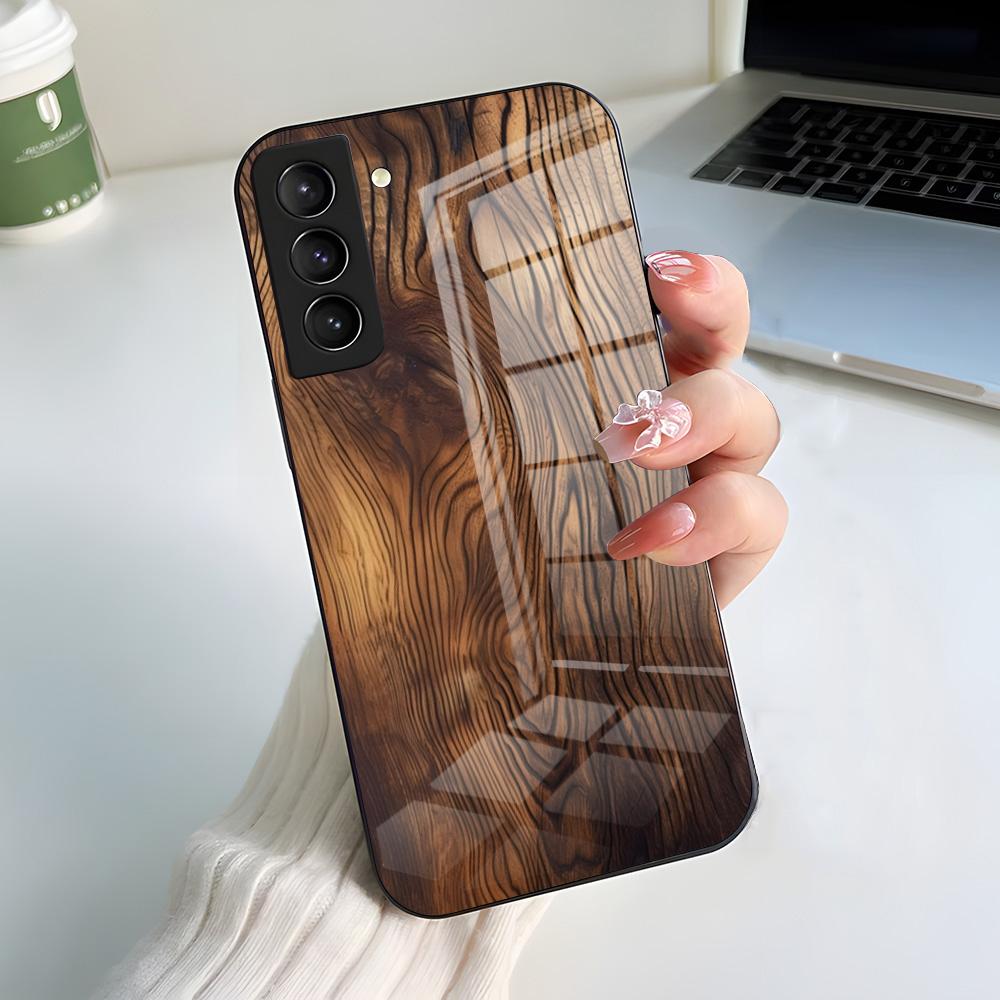 Natural Wood Phone Case For Samsung S26 S25 S24 FE S23 S22 S21 Plus S20 Ultra Note20Ultra Black Glass Cover