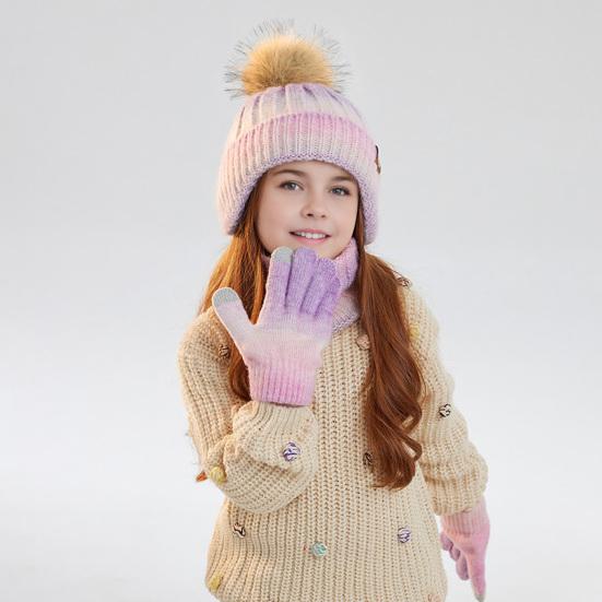 3Pcs/Set Kids Winter Knitted Scarf Gloves Set Pom Pom Ball Rainbow Color Brimless Hat Touchscreen Gloves Neck Warmer Set