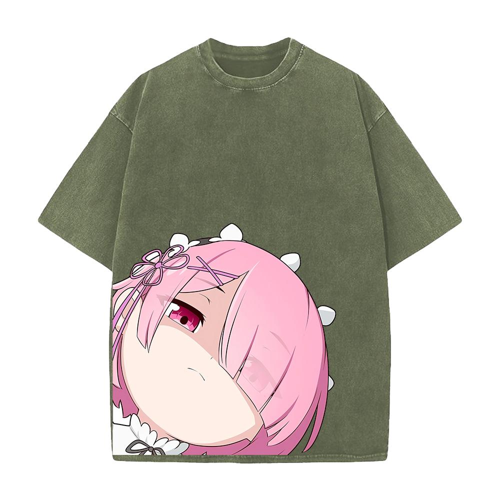 Manga Re:ZERO Ram Kawaii Printed Tee Men Women Short Sleeve Clothing Washed Cotton T-shirt Retro Casual T Shirt Harajuku Tshirt