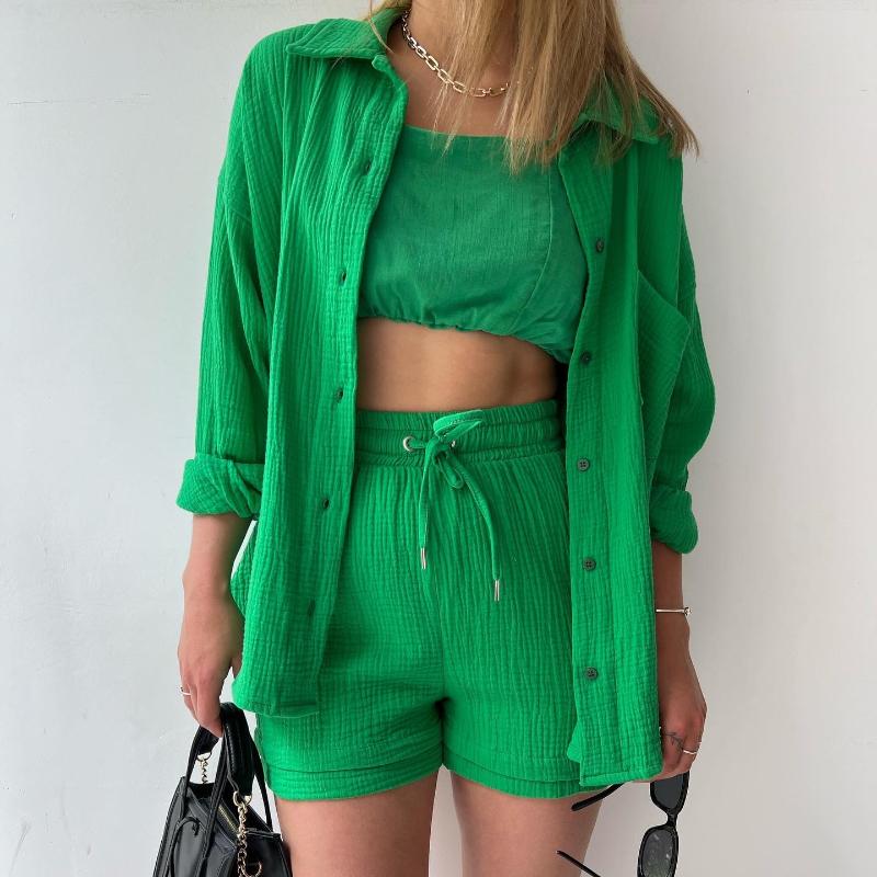 Women's Two-piece Set of Pleated Fabric Lapel Long-sleeved Shirt, High-waisted Drawstring Shorts, Large-sized Fashionable Casual Suit