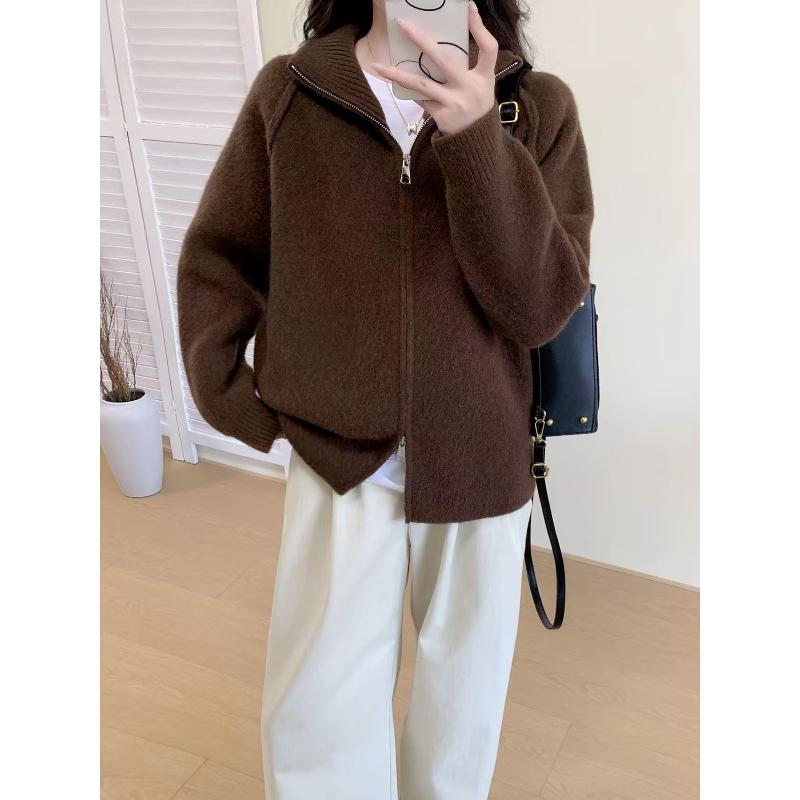 Cardigan Women Sweaters Zipper Coats Stand Collar Full Sleeve Jumpers Y2k Streetwear Elegant Knit Open Stith Autumn Winter