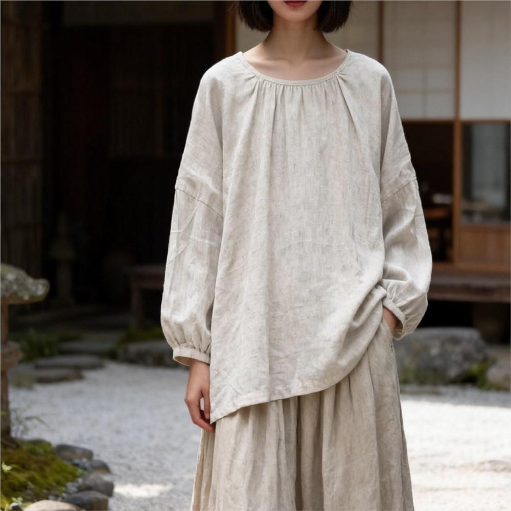 Johnature Women T-Shirts Summer Chinese Style O-Neck Lantern Sleeve Solid Color Loose T-Shirts