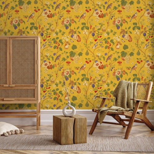 VEELIKE Floral Wallpaper Sticker, 44.5cm X 3m, Japanese-style, Featuring Grapevine and Bird and Flower Patterns In Yellow. Perfect for Redecorating, C