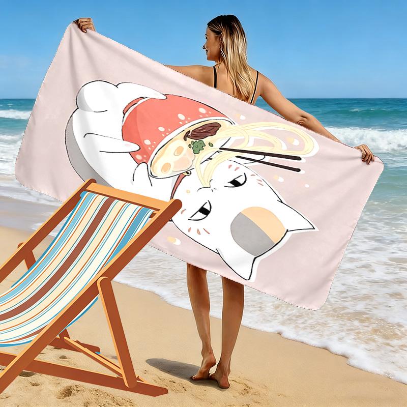 Noodle-Eating Kitten 2D Flat Print Beach Towel, Large Soft Quick Dry Towel for Beach Camping Swimming.MSTJ0918273
