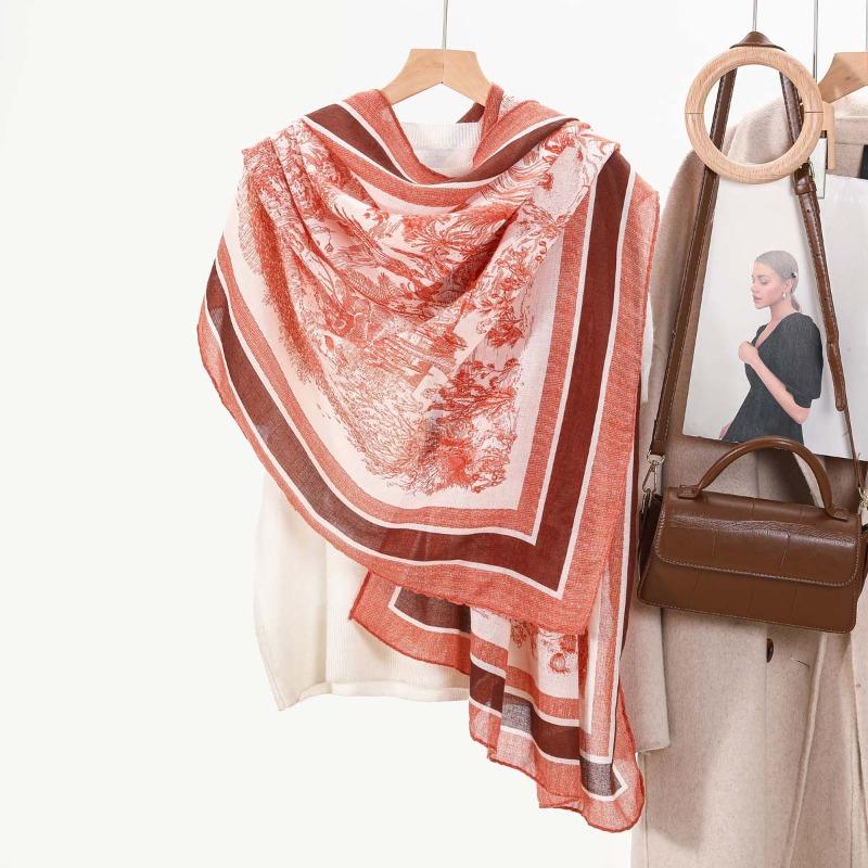 New cotton and linen feel simple color matching letter O scarf fashion travel sunscreen yarn