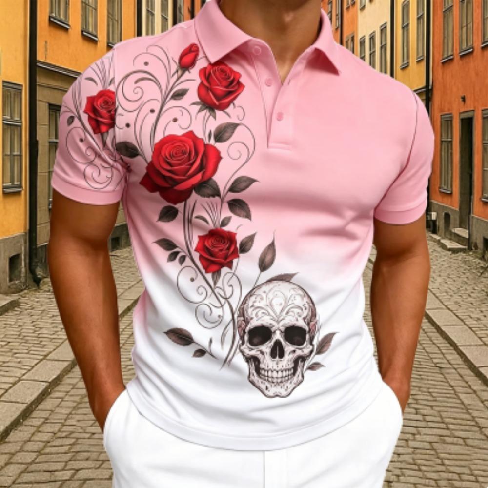 Men's Red Rose Floral Skull Print Polo Shirt Men's Outdoor Street Short Sleeve Tees Top Summer Home Casual T-shirt Men's and Women's Polo Shirt