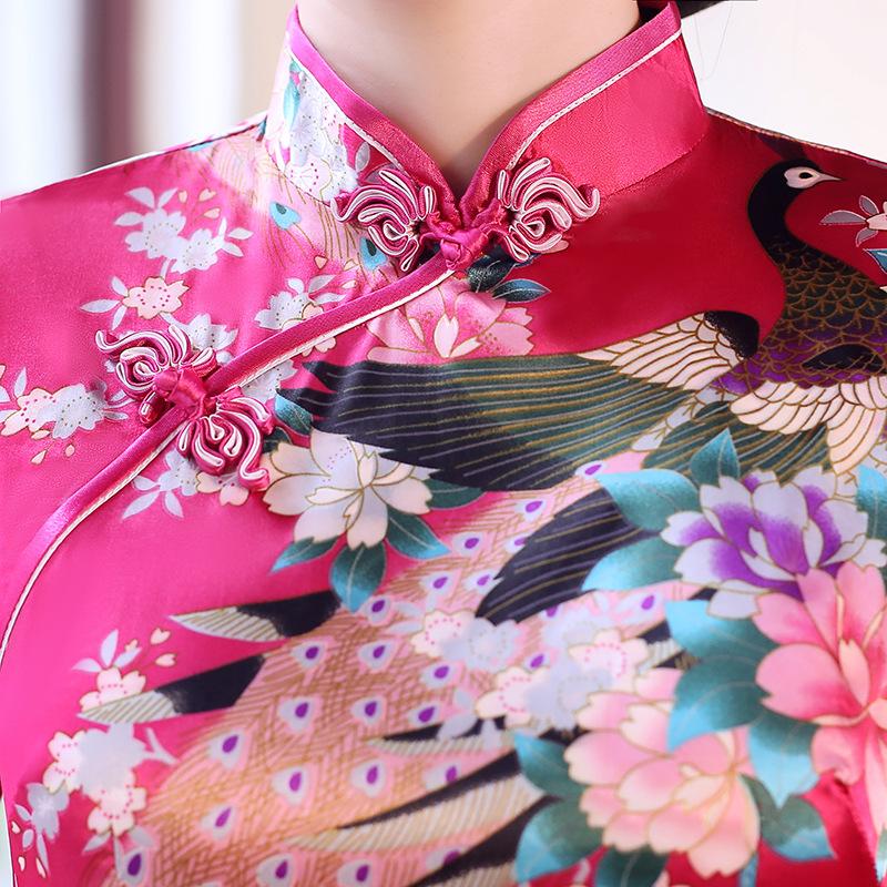 Cheongsam autumn new multi-color peacock pattern long satin large size slim banquet team catwalk