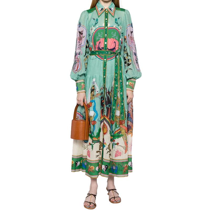 2025 European & American Women's Lantern Sleeve Print Turn-Down Collar Waist-Gathering Long Swing Spring Dress