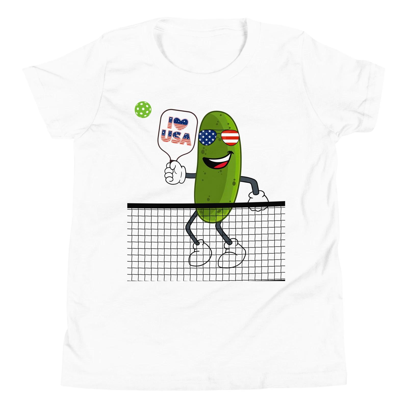 Funny 4th of July USA Patriotic Pickle Playing Pickleball Youth T-Shirt 100