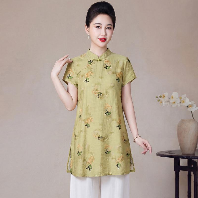 

Women s Short-Sleeve Ice Silk Chinese-Style Button-Up Shirt - Chic, Mid-Length, Slim Fit, Summer Essential XL [85-115 jin] зелёный