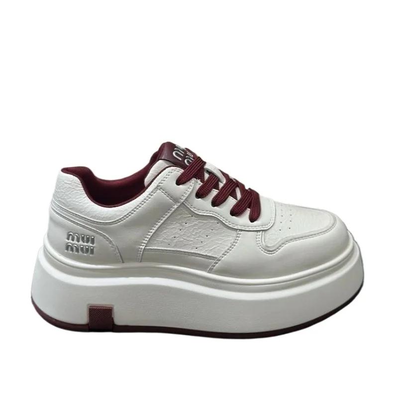 SyfIyno New Spring Summer Soft Leather Thick Soled Shoes Casual Sports Shoes Low Cut Height Increasing Flat Shoes