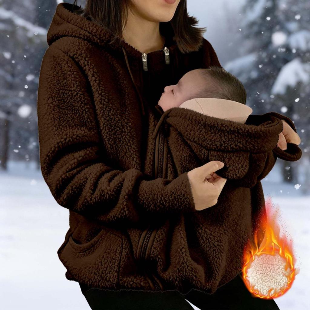 Damen Winter Warm Fleece Umstandsmantel mit durchgehendem Reißverschluss Babytragejacke Schwangerschaftskleidung