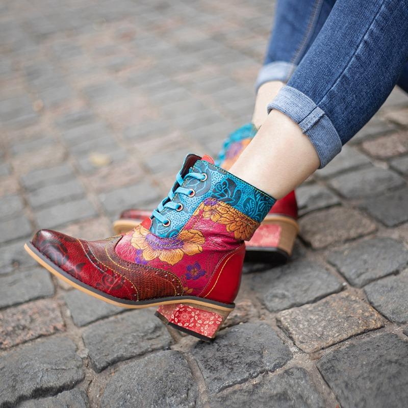 Export Large Size Casual Retro Women's Boots Lace-up Printed Dark Pattern Cowboy Boots
