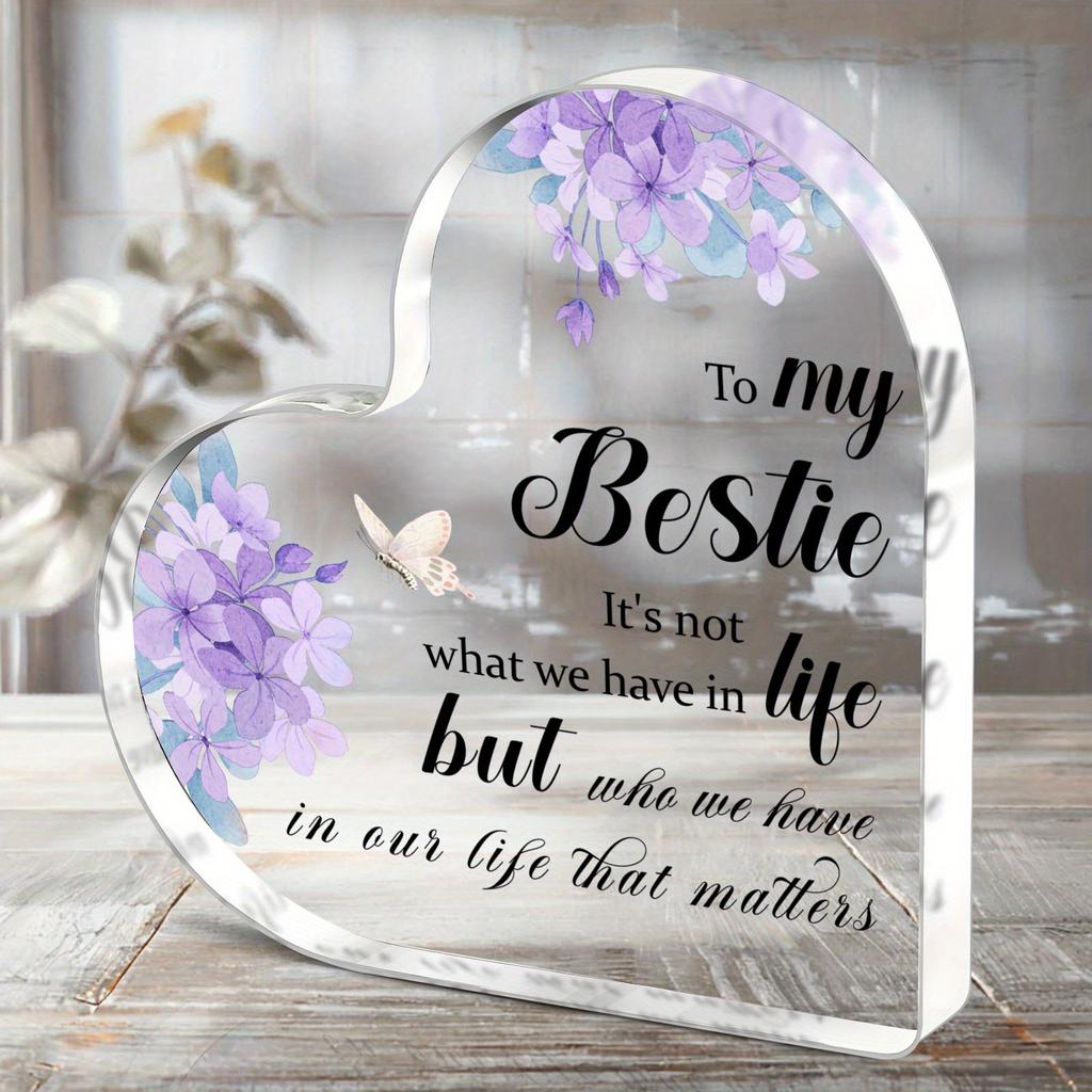Acrylic Heart-Shaped Plaque with Inspirational Message & Purple Flowers, Universal Friendship Gift, for Desktop Decor