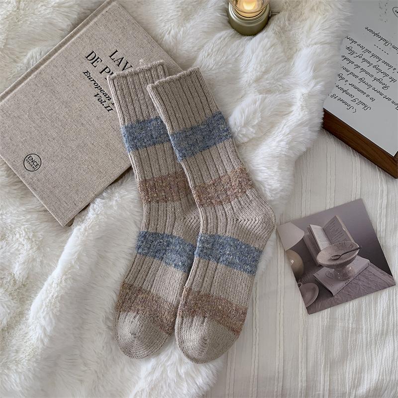 Women's Autumn and Winter Thickened Warm Contrast Color Striped Wool Long Stack Socks