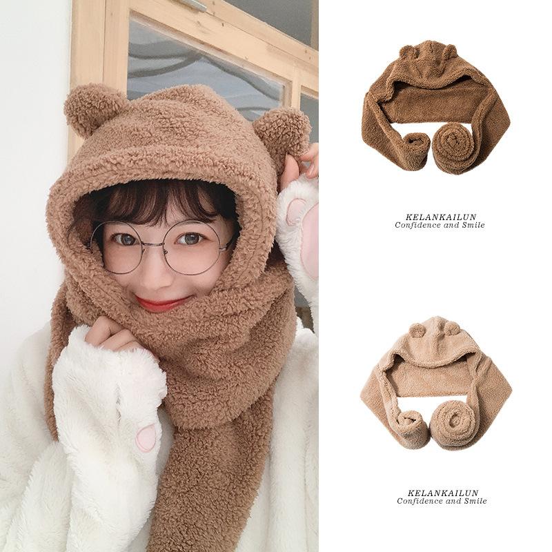 Thickened cute bear hat scarf gloves three-piece set women's autumn and winter warm plush hat scarf integrated