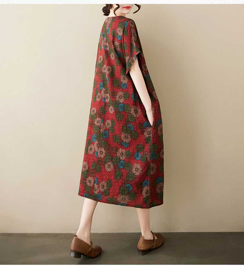 Summer Thin Cotton and Linen Retro Flower Art Knee Length Dress with Feminine Temperament