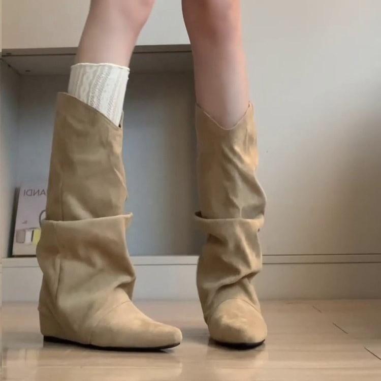 Sheepskin Edition~ High-end Loose Tall Knight Boots Fashion Versatile Pointed Inner Women's Pleated Pile Boots