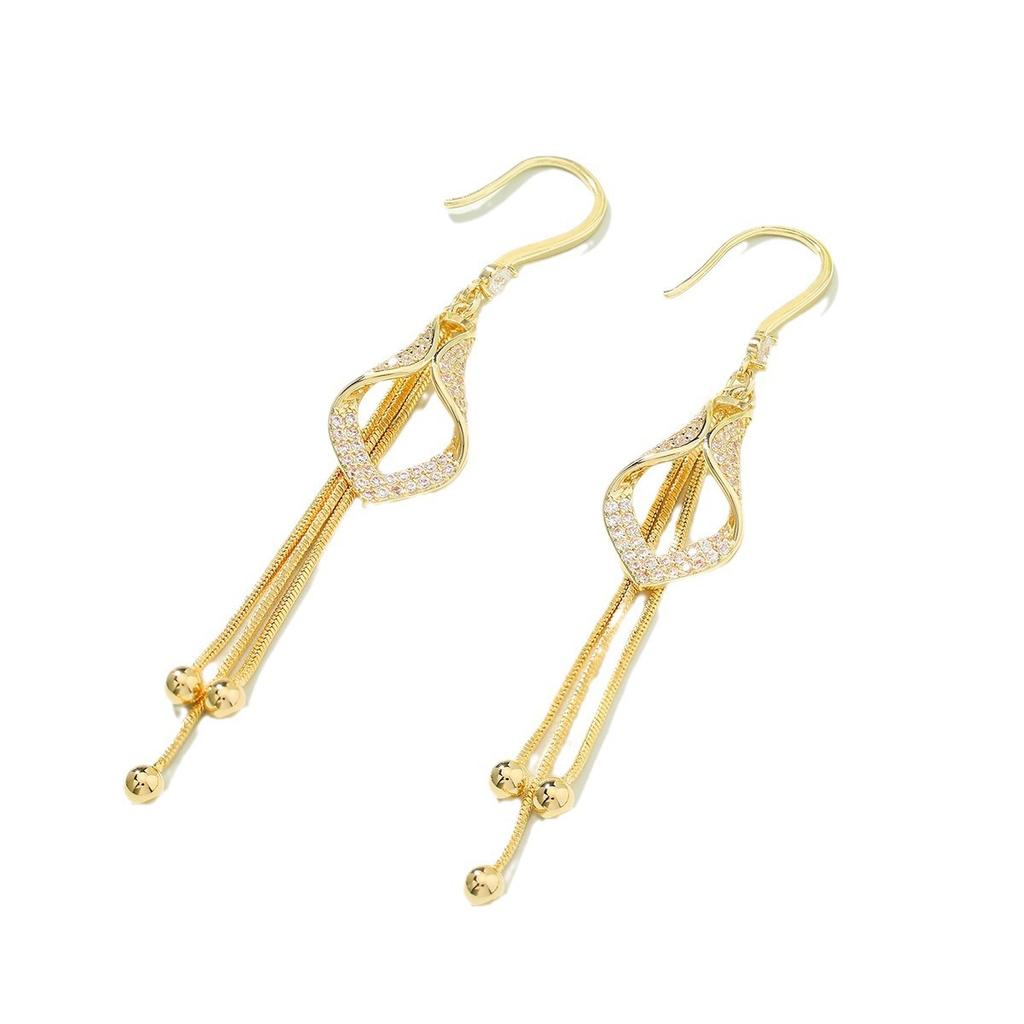 Temperament Korean Version Fashionable Geometric Rhombus Long Fringed Earrings Women's Versatile Full Diamond Earrings Light Luxury Face Thin Earrings