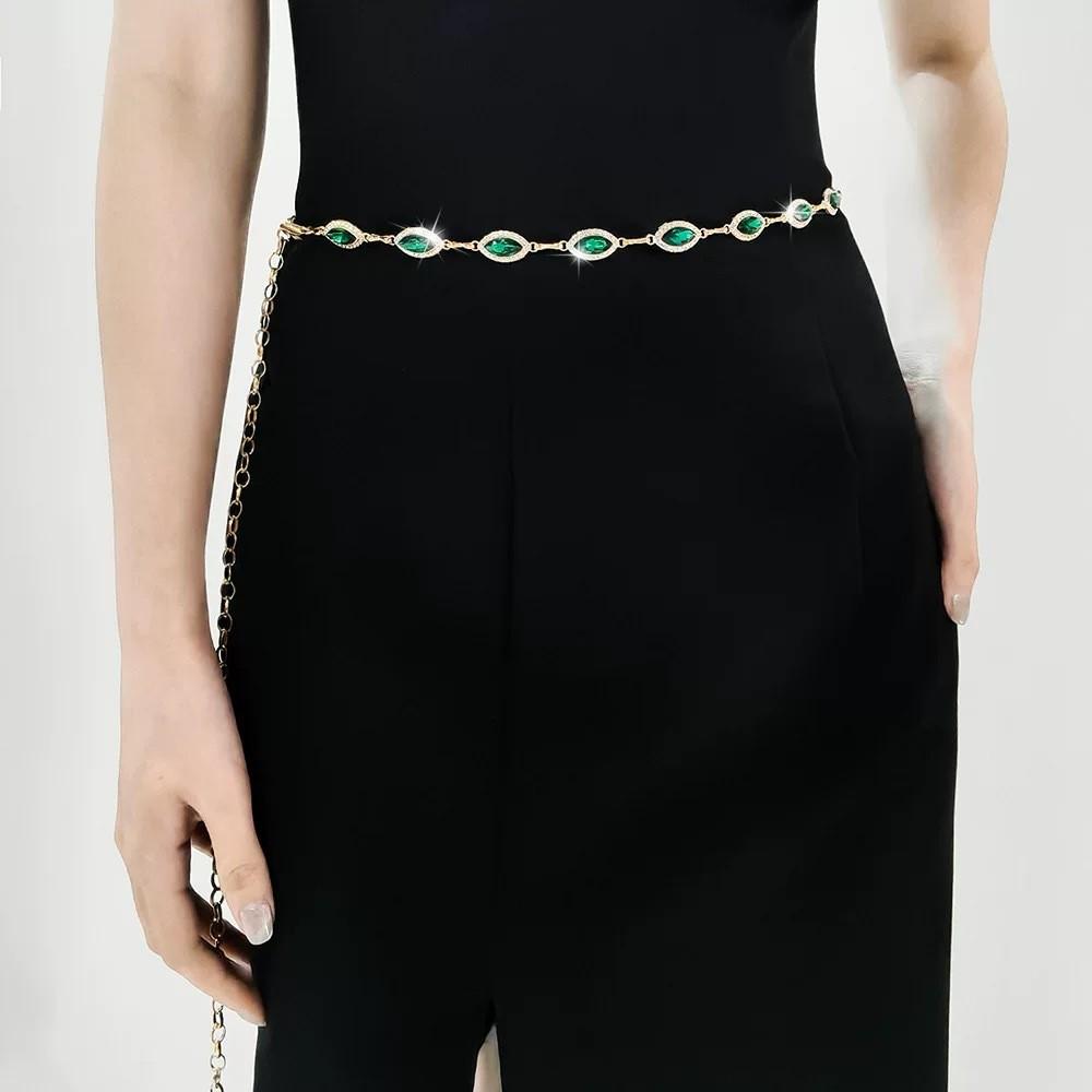 Elegant Crystal Green Gem Girl Waist Chain With Gold Metal Chain For Dress Accessory