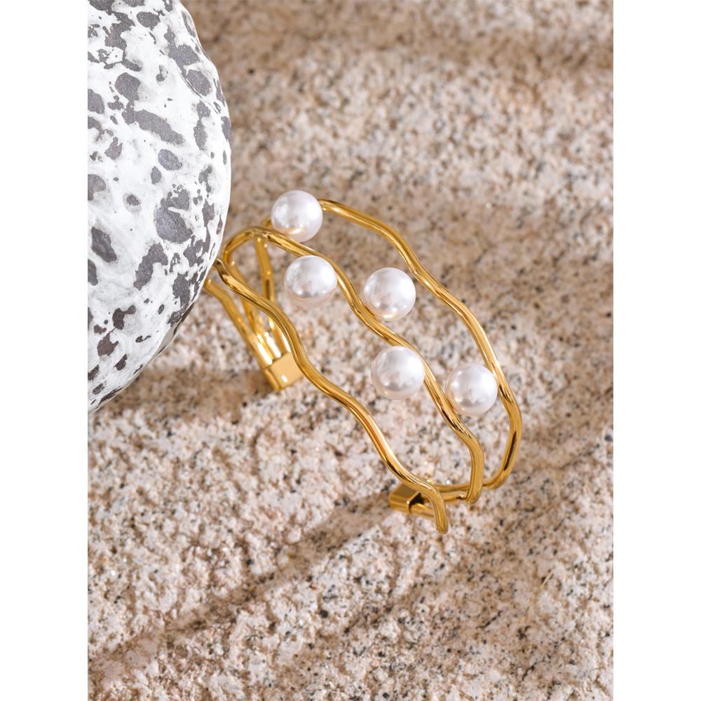 Yhpup 65mm Elegance Simulated Pearls Layered Hollow Cuff Bracelet Bangle 18K Gold Color Stainless Steel Chic Wrist Jewelry
