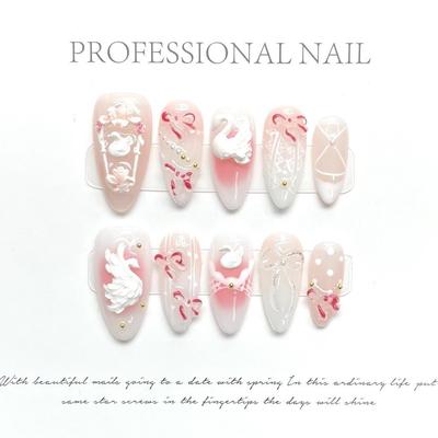 100% HANDMADE Press On Artificial Nail Almond Shape 3D Flower Chinese Swan Phototherapy Nails Fake Nails Reusable and Removable Nails with Toolkit