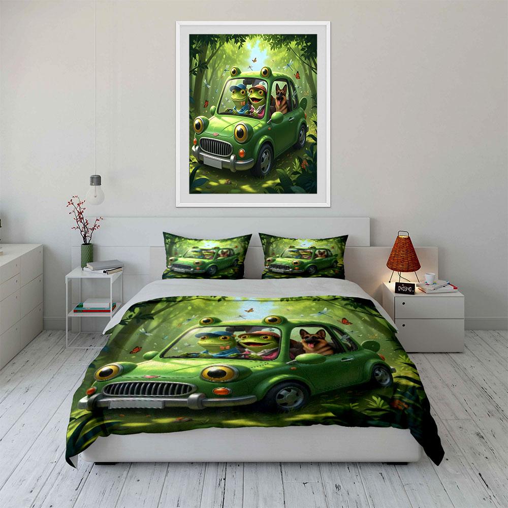 A Frog Drives A Green Car In The Forest Print Bedding Set 1 Duvet Cover 2 Pillowcases For Adult And Children Luxury Gift