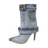 2024 Foreign Trade Autumn and Winter New Pointed High-heeled Fashion Boots Washed Denim Short Tube Pleated Trousers High Heels