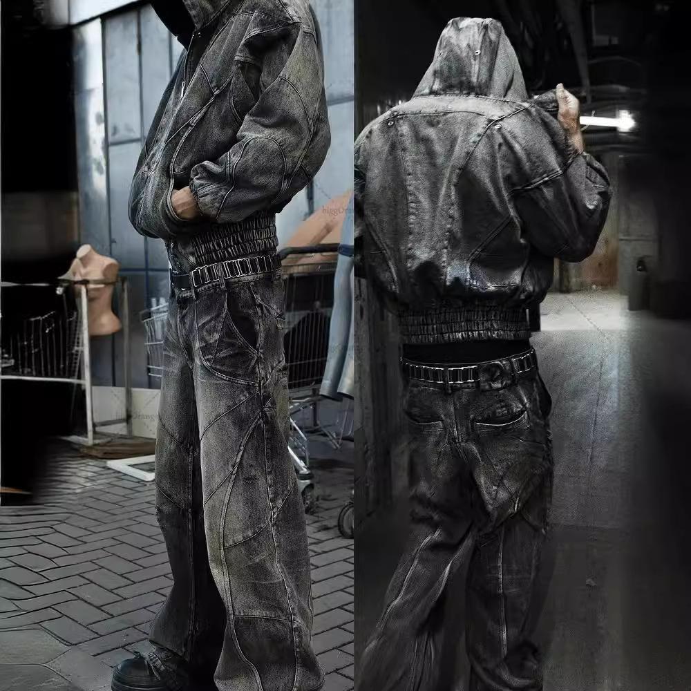 Unisex European American Kalhoty s vysokým pasem Raw Edge Washed Jeans Muži Street Volné Oversized Rovné Široké Džínové kalhoty