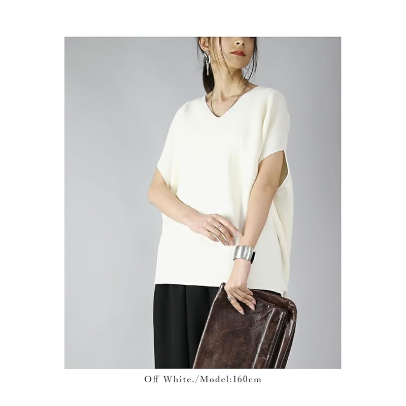 [And It] cocoon cotton knit Plain color V-neck short sleeve Thin summer knit pullover ladies F 55 Green A