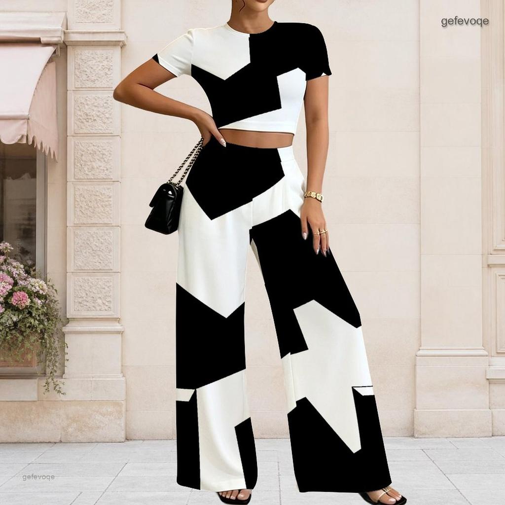 Damen Übergröße Rundhals Kurzarm Bedrucktes Schwarz Weiß Crop Top Weite Hosen Zweiteiliges Set